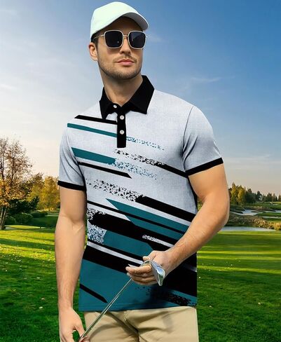 Short Sleeve Polo Shirt Men: Striped Graphic Print Golf Clothes Moisture Wicking in Saudi Arabia