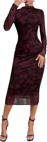 GORGLITTER فستان نسائي شبكي برقبة وهمية Bodycon ميدي فستان التعادل صبغ كم طويل Ruched عيد ميلاد قلم رصاص فساتين طويلة وتتسابق in Kuwait