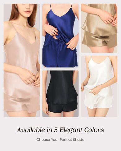 FEELITS 100% Mulberry Silk Pajamas Set for Women - 19 Momme Silk V-Neck Cami & Shorts, Adjustable Spaghetti Straps in Saudi Arabia