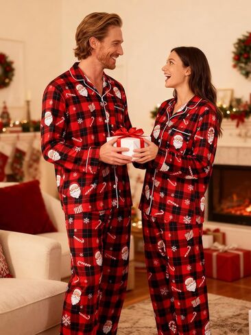 بيجامات عيد الميلاد من KOMEIANA للكبار والنساء والرجال بأزرار سفلية بيجامات للأزواج مجموعات متطابقة ملابس نوم للعطلات ملابس للاستلقاء in Kuwait