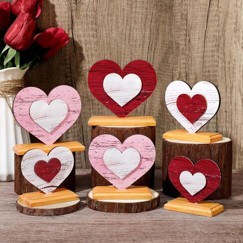 Vercraft 6 Pcs Valentine's Day Decor Wooden Heart Shaped Table Signs Farmhouse Wood Heart Table Decorations Sign Standing Wooden Tiered Tray Decoration for Valentine Day Ornaments(Classic) in Saudi Arabia