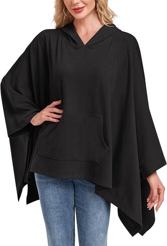 WOWENY Poncho for Women Hooded Cape Oversized Sweatshirt Shawl Warm Hoodie Pullover Loose Fitting Top Pockets for Fall Winter in Saudi Arabia