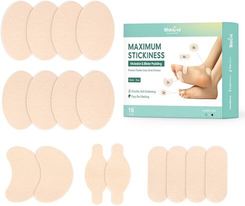 Welnove Moleskin Adhesive Pads for Feet,Blister Bandages for Feet, Mole Skin Patch for Feet Heels, Skin Tape Stickers for Feet - 32 Sheets of 4 Shapes, Black in Kuwait