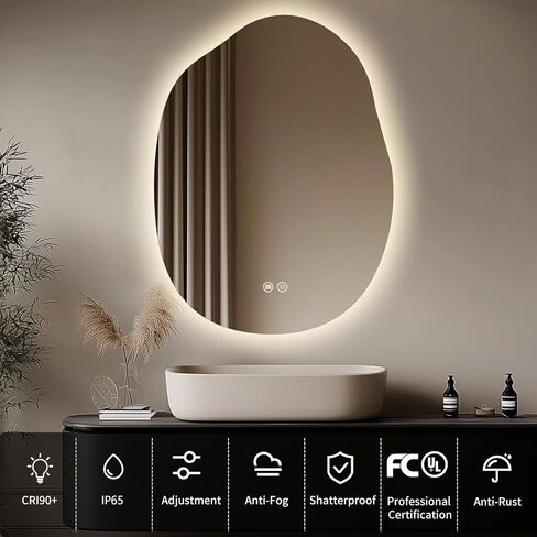 مرآة حمام Yoding LED مع أضواء مقاس 24 × 32، مرآة بإضاءة خلفية غير منتظمة قابلة للتعتيم مع 3 ألوان، مضادة للضباب، ذاكرة، عاكس الضوء من السبائك، مرآة ذكية بدون إطار للحمام (أفقي/عمودي) in Kuwait