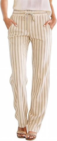 Rjognt Striped Linen Pants for Women 2026 Summer Plus Size Elastic Waist Straight Leg Cropped Trouser Casual Beach Pants in Saudi Arabia