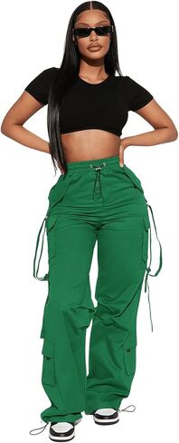 Charyeah Ribbon Cargo Pants المرأة عارضة السراويل الفضفاضة للنساء السراويل المظلة السفر مع جيوب الشارع الشهير in Kuwait