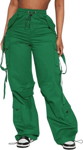 Charyeah Ribbon Cargo Pants المرأة عارضة السراويل الفضفاضة للنساء السراويل المظلة السفر مع جيوب الشارع الشهير in Kuwait