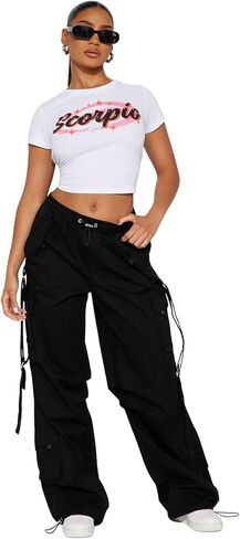 Charyeah Ribbon Cargo Pants المرأة عارضة السراويل الفضفاضة للنساء السراويل المظلة السفر مع جيوب الشارع الشهير in Kuwait