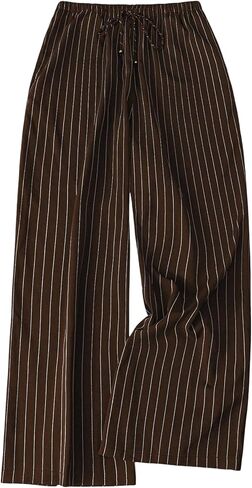 سروال نسائي من GORGLITTER بمقاس كبير وبنطلون سفلي مخطط بأرجل واسعة وخصر مطاطي مستقيم كاجوال من الكتان in Kuwait