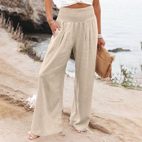 Summer Linen Pants Women 2026 Casual High Waisted Wide Leg Lounge Pant Beach Vacation Trousers with Pocket in Saudi Arabia