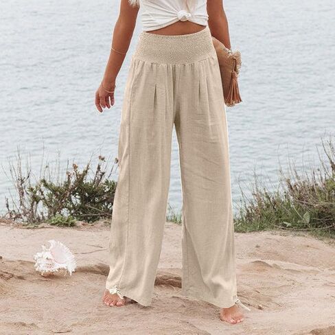 Summer Linen Pants Women 2026 Casual High Waisted Wide Leg Lounge Pant Beach Vacation Trousers with Pocket in Saudi Arabia