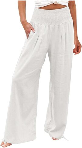 Summer Linen Pants Women 2026 Casual High Waisted Wide Leg Lounge Pant Beach Vacation Trousers with Pocket in Saudi Arabia