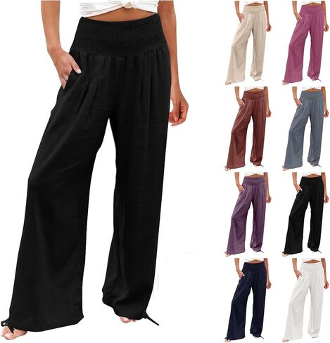 Summer Linen Pants Women 2026 Casual High Waisted Wide Leg Lounge Pant Beach Vacation Trousers with Pocket in Saudi Arabia