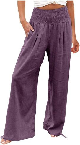 Summer Linen Pants Women 2026 Casual High Waisted Wide Leg Lounge Pant Beach Vacation Trousers with Pocket in Saudi Arabia