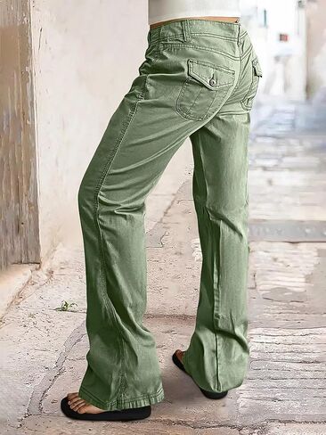 Flamingals Straight Leg Mid Waist with Solid Flap Pockets Pants for Women in Saudi Arabia
