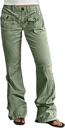 Flamingals Straight Leg Mid Waist with Solid Flap Pockets Pants for Women in Kuwait