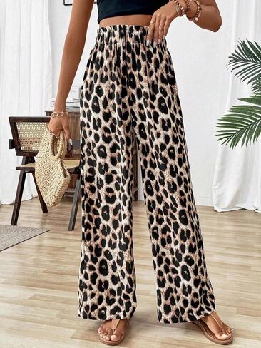 Women's Leopard Print Wide Leg Pants Casual Straight Long Trousers in Saudi Arabia