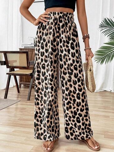 Women's Leopard Print Wide Leg Pants Casual Straight Long Trousers in Saudi Arabia