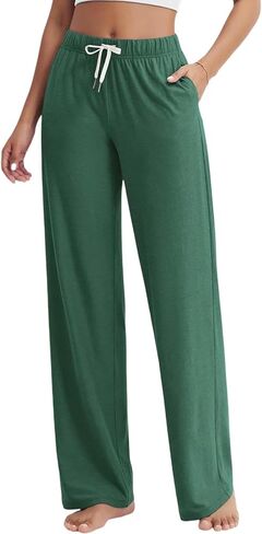 Women's Straight Leg Lounge Loose Solid Fit Casual Elastic Waist Pants with Pockets&Drawstring Design in Saudi Arabia