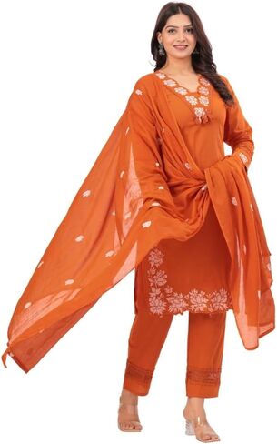 TAGAAI Women’s Cotton Embroidered Kurta Set with Dupatta | Elegant Rust Brown 3-Piece Suit Set in Saudi Arabia