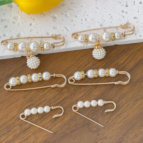 6Pcs/Set Fashion Brooch Pins Sweater Shawl Pins Womens Pearl Brooches for Clothing Dresses Decoration Accessories Pants Extender Safety Pin in Saudi Arabia