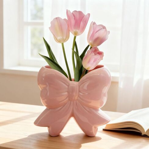 مزهرية سيراميك على شكل فيونكة وردية - مزهرية على شكل فيونكة للزهور، حامل فرشاة المكياج، منظم القلم وفرشاة الأسنان، منزل من السيراميك الوردي، مكتب، هدية ديكور مكتب الحمام in Kuwait