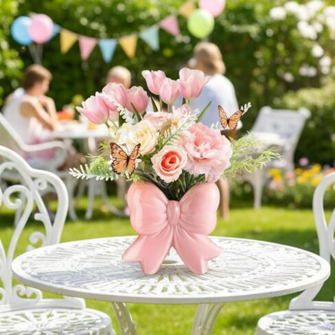 مزهرية سيراميك على شكل فيونكة وردية - مزهرية على شكل فيونكة للزهور، حامل فرشاة المكياج، منظم القلم وفرشاة الأسنان، منزل من السيراميك الوردي، مكتب، هدية ديكور مكتب الحمام in Kuwait