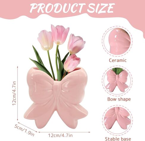 مزهرية سيراميك على شكل فيونكة وردية - مزهرية على شكل فيونكة للزهور، حامل فرشاة المكياج، منظم القلم وفرشاة الأسنان، منزل من السيراميك الوردي، مكتب، هدية ديكور مكتب الحمام in Kuwait