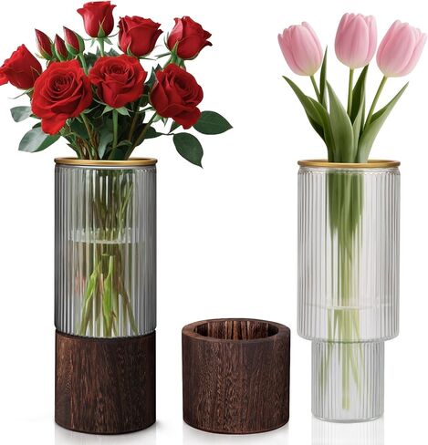 Ribbed Glass Vase Set of 2 Vases for Flowers,10" H Wood Glass Vase with Solid Wooden Base,Rustic Flower Vase for Home Decor,Living Room,Bedroom,Kitchen,Dining Table,Fireplace,Office(Gray & Clear) in Saudi Arabia