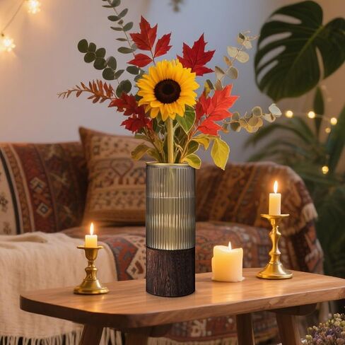 Ribbed Glass Vase Set of 2 Vases for Flowers,10" H Wood Glass Vase with Solid Wooden Base,Rustic Flower Vase for Home Decor,Living Room,Bedroom,Kitchen,Dining Table,Fireplace,Office(Gray & Clear) in Saudi Arabia