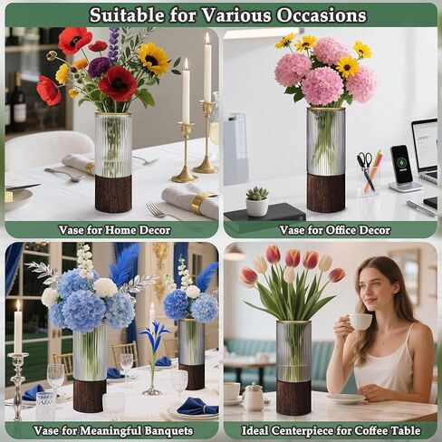 Ribbed Glass Vase Set of 2 Vases for Flowers,10" H Wood Glass Vase with Solid Wooden Base,Rustic Flower Vase for Home Decor,Living Room,Bedroom,Kitchen,Dining Table,Fireplace,Office(Gray & Clear) in Saudi Arabia