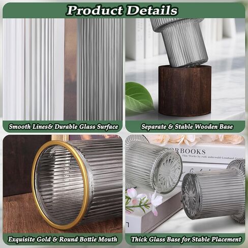 Ribbed Glass Vase Set of 2 Vases for Flowers,10" H Wood Glass Vase with Solid Wooden Base,Rustic Flower Vase for Home Decor,Living Room,Bedroom,Kitchen,Dining Table,Fireplace,Office(Gray & Clear) in Saudi Arabia