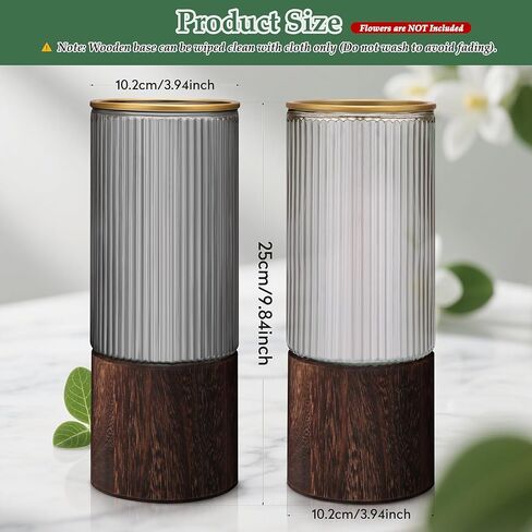 Ribbed Glass Vase Set of 2 Vases for Flowers,10" H Wood Glass Vase with Solid Wooden Base,Rustic Flower Vase for Home Decor,Living Room,Bedroom,Kitchen,Dining Table,Fireplace,Office(Gray & Clear) in Saudi Arabia