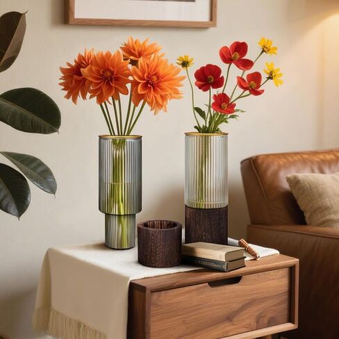 Ribbed Glass Vase Set of 2 Vases for Flowers,10" H Wood Glass Vase with Solid Wooden Base,Rustic Flower Vase for Home Decor,Living Room,Bedroom,Kitchen,Dining Table,Fireplace,Office(Gray & Clear) in Saudi Arabia