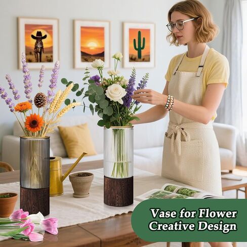 Ribbed Glass Vase Set of 2 Vases for Flowers,10" H Wood Glass Vase with Solid Wooden Base,Rustic Flower Vase for Home Decor,Living Room,Bedroom,Kitchen,Dining Table,Fireplace,Office(Gray & Clear) in Saudi Arabia