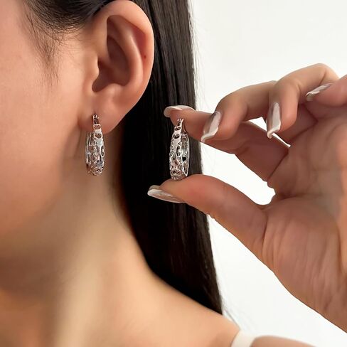925 Geometric Hoop Earrings – Hollow Openwork Design in Sterling Silver, Lightweight Retro Jewelry for Women, Seasonal & Year-Round Wear in Saudi Arabia