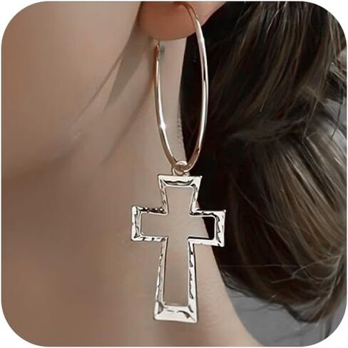 Delicate Gold Hammered Hollow Cross Hoop Earring, Thick Silver Vintage Lightweight Crosses Dangling Earrings for Women Statement Charm Party Jewelry Gift in Kuwait
