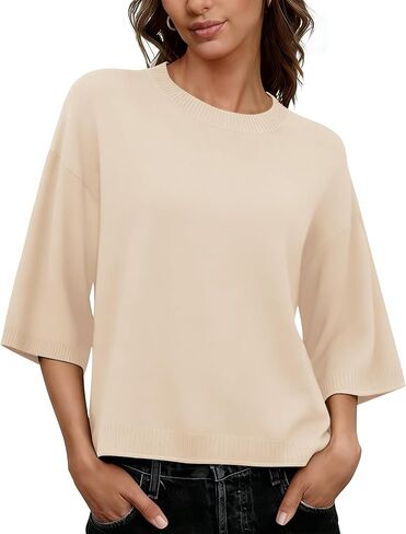 Lomon Womens Sweaters Dressy Casual 3/4 Length Sleeve Sweater Crewneck Lightweight Knit Tops Loose fit in Saudi Arabia