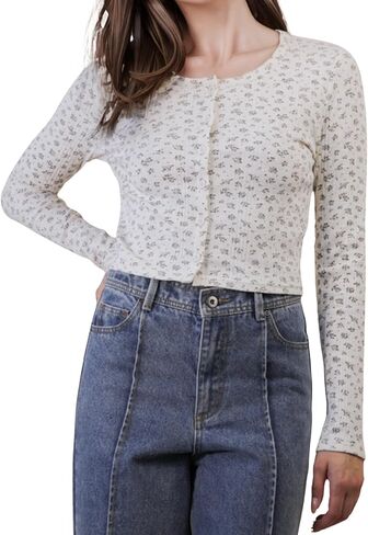 Women’s Floral Print Button Down Knit Top Long Sleeve Winter Cute Bow Detail in Saudi Arabia