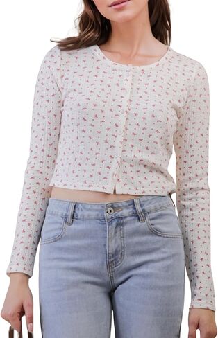 Women’s Floral Print Button Down Knit Top Long Sleeve Winter Cute Bow Detail in Saudi Arabia