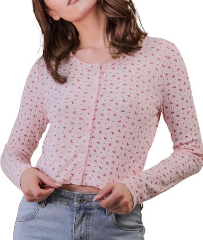 Women’s Floral Print Button Down Knit Top Long Sleeve Winter Cute Bow Detail in Saudi Arabia