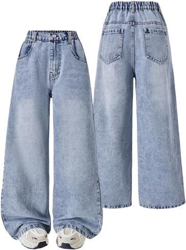 Nivne Tco Tween Girls Wide Leg Jeans Loose Fit Kids Casual Zipper Fly Baggy Denim Pants with Pockets in Saudi Arabia