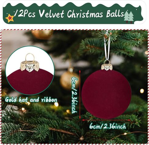 12pcs Christmas Tree Hanging Ball Decoration 2.4Inch Velvet Christmas Ornaments Balls Flocked Shatterproof Plastic Xmas Tree Ball for Party Holiday Wedding Home Decor (1, Burgundy, 12PCS) in Saudi Arabia