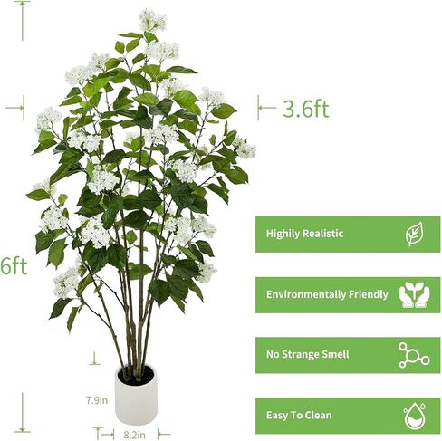 Alonfale 6FT Artificial Hydrangea Tree with 29 Blooms, Potted Fake Plant for Home Office Decor, Realistic Leaves & Bendable Branches, White Planter (6 FT) in Saudi Arabia