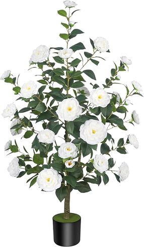 HanJoy 1pack 47.24 "/3.94FT أشجار الكاميليا الاصطناعية مع 36 زهرة بيضاء في أواني الأسمنت - أشجار وهمية نابضة بالحياة للشرفة الأمامية، المنزل، ديكور الربيع الداخلي والخارجي، المكتب أو هدايا الانتقال إلى المنزل الجديد in Saudi Arabia