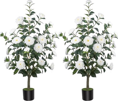 HanJoy 1pack 47.24 "/3.94FT أشجار الكاميليا الاصطناعية مع 36 زهرة بيضاء في أواني الأسمنت - أشجار وهمية نابضة بالحياة للشرفة الأمامية، المنزل، ديكور الربيع الداخلي والخارجي، المكتب أو هدايا الانتقال إلى المنزل الجديد in Saudi Arabia