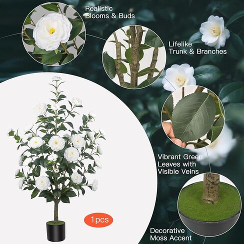 HanJoy 1pack 47.24 "/3.94FT أشجار الكاميليا الاصطناعية مع 36 زهرة بيضاء في أواني الأسمنت - أشجار وهمية نابضة بالحياة للشرفة الأمامية، المنزل، ديكور الربيع الداخلي والخارجي، المكتب أو هدايا الانتقال إلى المنزل الجديد in Saudi Arabia