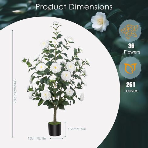 HanJoy 1pack 47.24 "/3.94FT أشجار الكاميليا الاصطناعية مع 36 زهرة بيضاء في أواني الأسمنت - أشجار وهمية نابضة بالحياة للشرفة الأمامية، المنزل، ديكور الربيع الداخلي والخارجي، المكتب أو هدايا الانتقال إلى المنزل الجديد in Saudi Arabia