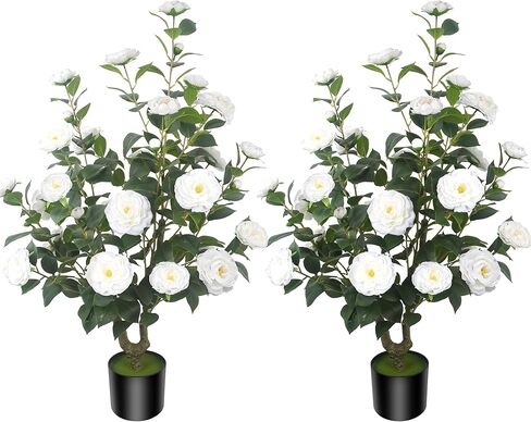 HanJoy 1pack 47.24 "/3.94FT أشجار الكاميليا الاصطناعية مع 36 زهرة بيضاء في أواني الأسمنت - أشجار وهمية نابضة بالحياة للشرفة الأمامية، المنزل، ديكور الربيع الداخلي والخارجي، المكتب أو هدايا الانتقال إلى المنزل الجديد in Saudi Arabia