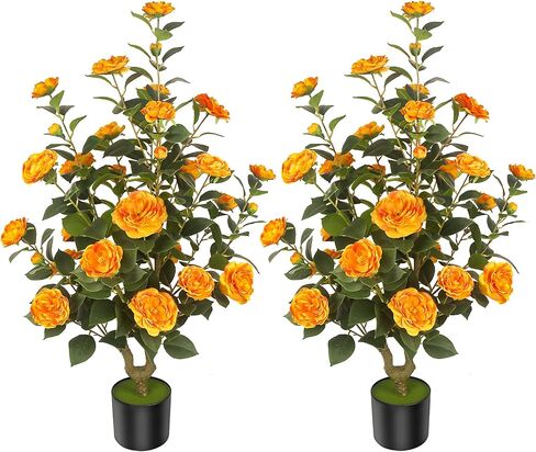 HanJoy 1pack 47.24 "/3.94FT أشجار الكاميليا الاصطناعية مع 36 زهرة بيضاء في أواني الأسمنت - أشجار وهمية نابضة بالحياة للشرفة الأمامية، المنزل، ديكور الربيع الداخلي والخارجي، المكتب أو هدايا الانتقال إلى المنزل الجديد in Saudi Arabia